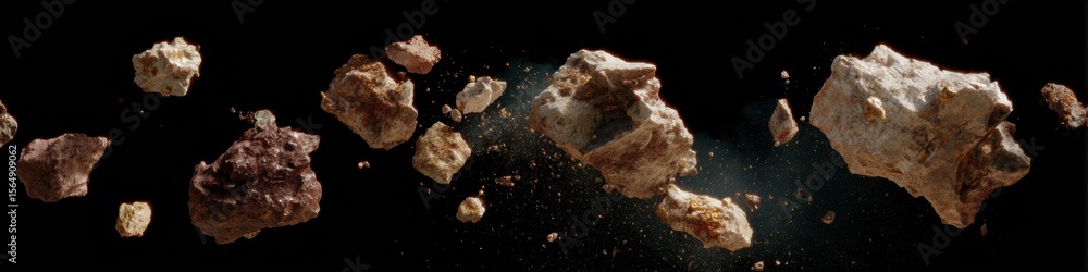 Poster floating rocky debris and asteroid fragments in midair with rugged textures, symbolizing chaos, disr