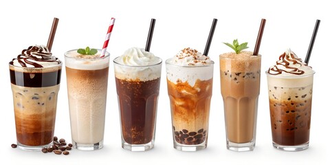 Collection of six delicious iced coffee drinks with whipped cream and toppings