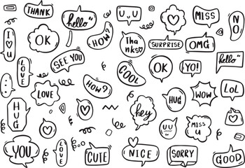 Comic Doodle Speech Bubbles with Text Like LOL, OK, OMG, WOW, Cute Hand Drawn Cartoon Expressions, Black and White, Transparent Background