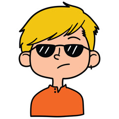 Hand drawn cartoon portrait of a stylish boy in sunglasses on white background.