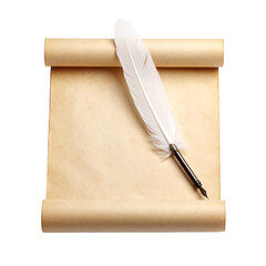 Old paper scroll with feather quill pen for vintage design projects, educational materials, historical presentations, and writing tool concepts.