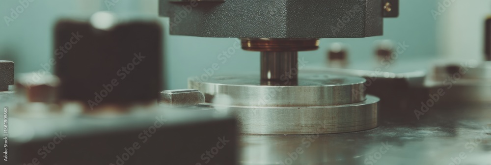 Poster Industrial Tensile Testing Machine in Laboratory Applying Force to Metal Specimen for Material Strength Analysis and Quality Control in Manufacturing