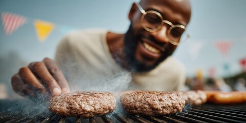 Authentic Group Friends Grilling Burgers at Patriotic Backyard Cookout Premium Summer Lifestyle Content for Community Marketing Campaigns