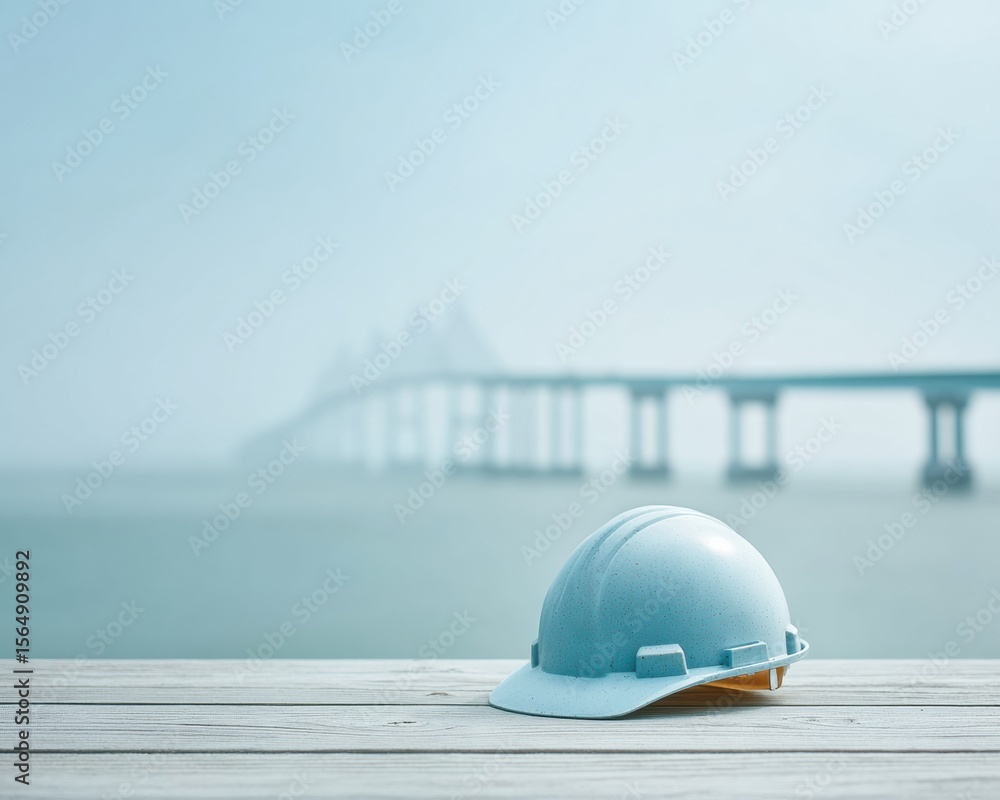 Poster Minimalist Bridge Inspection Concept with Engineer Hard Hat and Crane Structures Symbolizing Precise Planning and Foundational Preparation in Construction