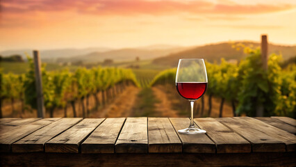 Elegant Wine Glass on Rustic Table Overlooking Vineyard at Sunset A Taste of Tuscany
