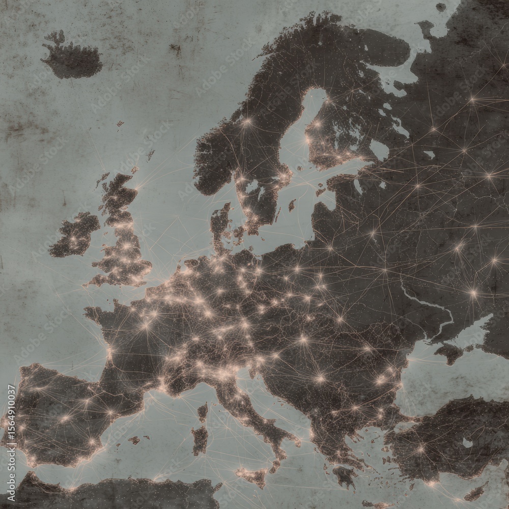 Aufkleber Digital Logistics Hub Map of Europe with Glowing Network Connections, Advanced Tech Interfaces Highlighting Optimized Global Operations and Efficient Business Innovation
