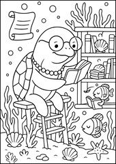 coloring book page, This sea turtle loves to share stories in her quiet underwater library!