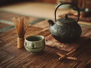 Traditional japanese tea ceremony setting with matcha whisk, teapot, and bamboo mat, creating a peaceful and authentic cultural scene. High quality