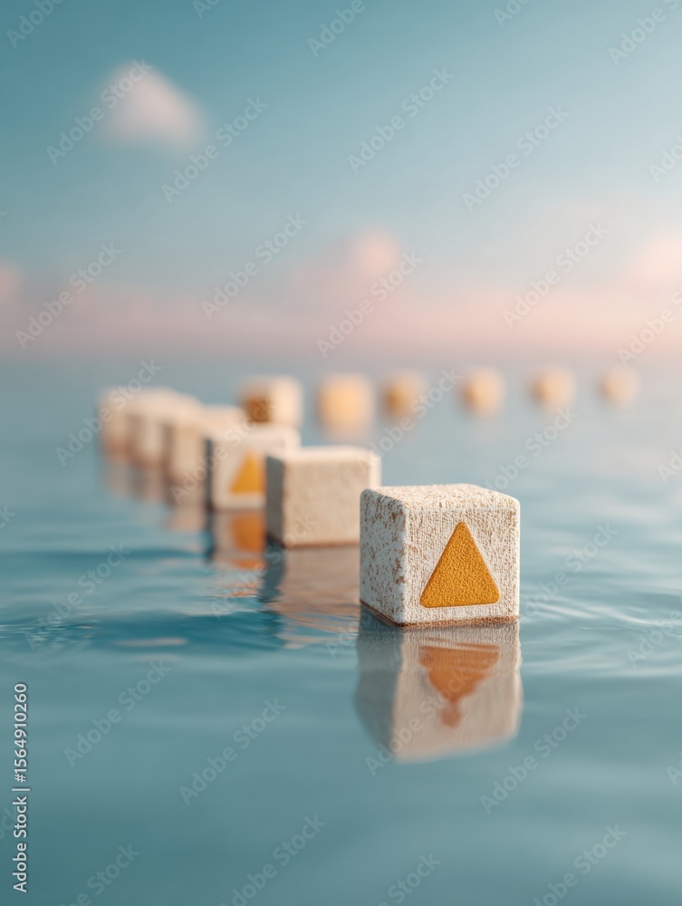 Aufkleber Wooden Blocks with Warning Triangle Symbolizing Error Correction and Business Process Optimization in Calm Reflective Water - Modern Organizational Discipline Concept