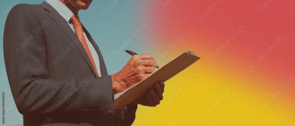 Poster professional businessman writing on clipboard in suit and tie with vibrant gradient background - off