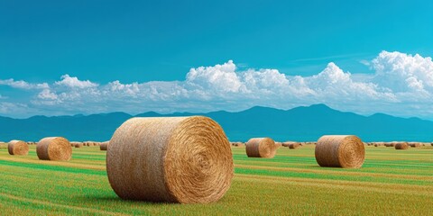 Premium agricultural hay bale landscape with vibrant tropical aesthetic and mountain backdrop for modern sustainable farming marketing content