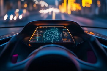 Futuristic car heads-up display showcasing speed and navigation in a vibrant urban setting