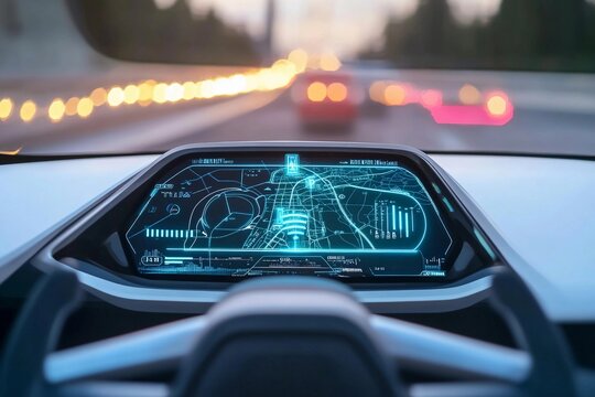 Futuristic car heads-up display showcasing speed and navigation in a vibrant urban setting
