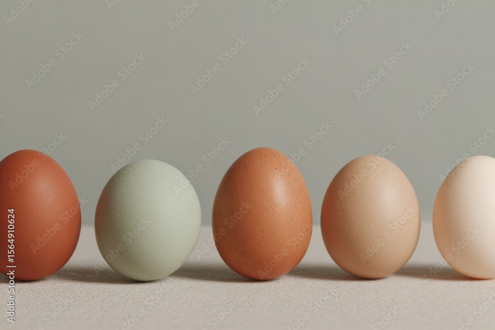 Poster premium assorted eggs lineup with smooth shells in neutral tones, representing diversity and uniquen