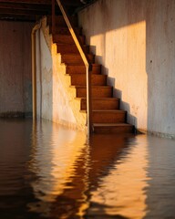 Flooded basement interior with wooden stairs and standing water highlighting waterlogging risk and structural damage for real estate and restoration marketing