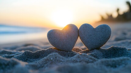Fototapeta premium Romantic Sunset Beach Scene with Two Stone Hearts