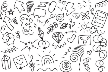 Hand Drawn Abstract Doodle Elements, Funky Icon Set with Scribbles, Swirls, Shapes, Black and White Vector, Transparent Background