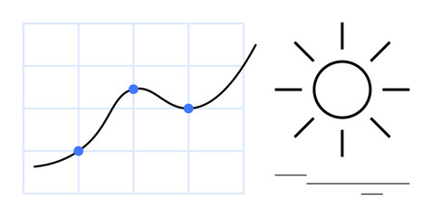 Line graph with upward trend and data points, accompanied by a sunshine graphic. Ideal for growth, success, innovation, progress, bright future, optimism development. Simple flat metaphor