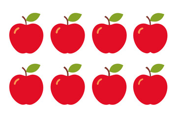 Eight simple red apples with green leaves arranged in two rows isolated on transparent background