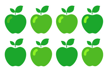 Collection of eight green apples with leaves isolated on transparent background