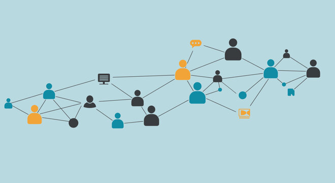 Abstract network illustration with human figures connected by lines on light blue background