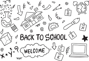 Back to School Doodle Vector Set with Education Icons, Books, Pencils, School Bag, Hand Drawn Style, Sketch, Transparent Background