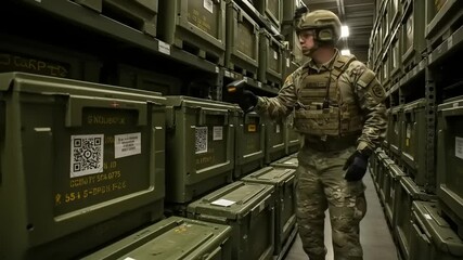 Soldier inspecting equipment in a military storage facility with organized crates and QR codes - Powered by Adobe