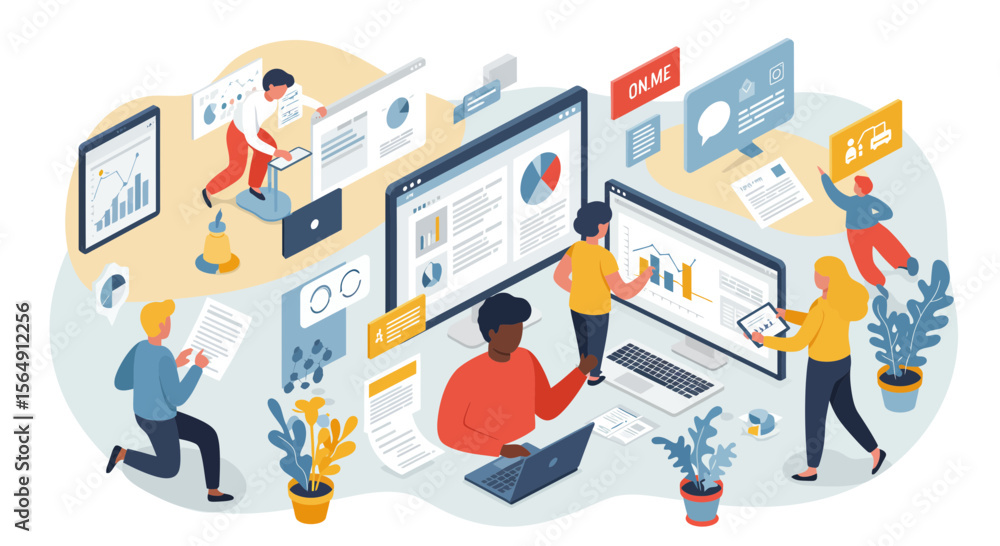 Poster isometric business team collaboration and data analytics for project management