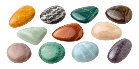 Collection of polished tumbled gemstones and crystals isolated on transparent background