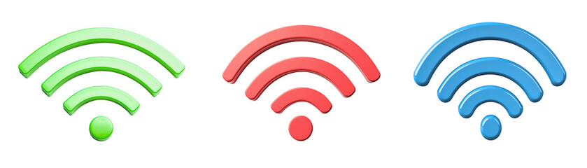 Three Wi-Fi signal icons, each in a different color, stand side by side, indicating connectivity and network access. The arrangement showcases the digital world's interconnectedness