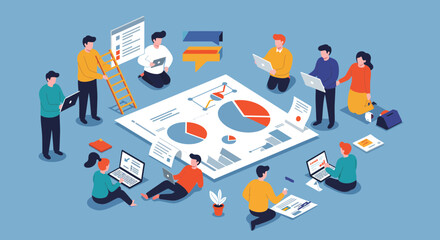 Obraz premium Collaborative data analysis and teamwork concept illustrated with a vibrant scene