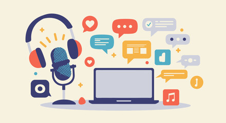 Modern podcasting and online communication concept illustration with microphone