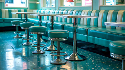A retro-style diner interior featuring turquoise leather banquette seating along a pristine white wall, accented with chrome details and vintage lighting