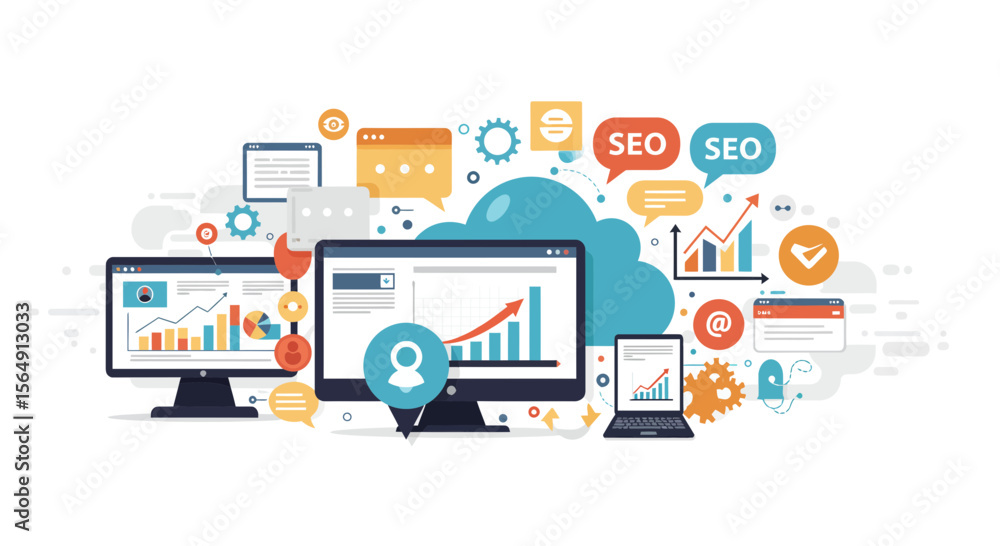 Poster illustrative visualization of seo analytics and data-driven business insights