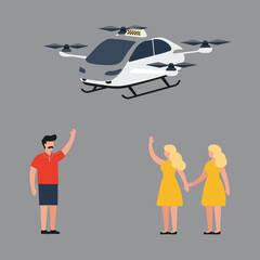 Futuristic air taxi flat vector illustration. Self driving passenger drone, driverless vtol. City travel, urban transportation. Flying cab delivery service © Yustina