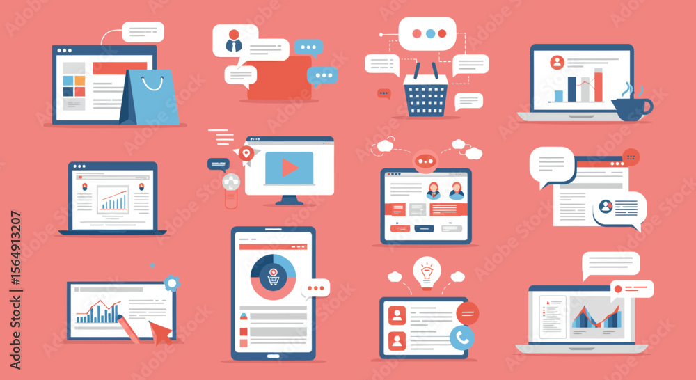 Poster conceptual online communication design with various devices and data illustration
