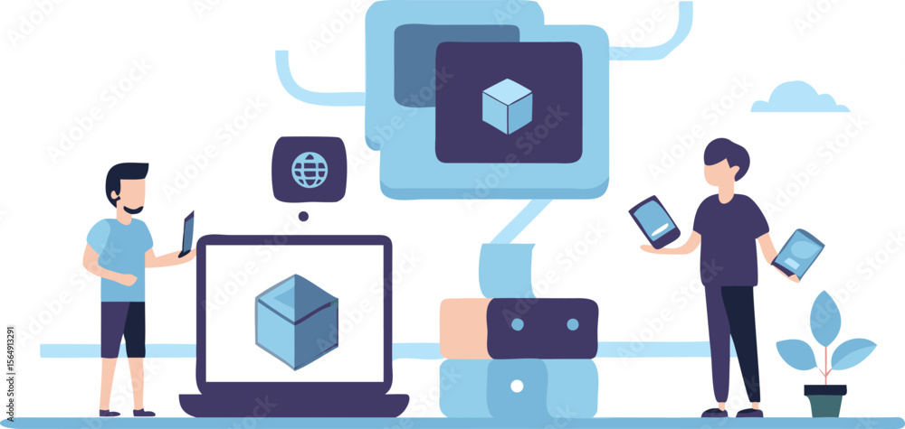 Poster two people interacting with digital devices and a cube displayed on a laptop screen and mobile phone