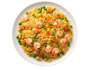 a black plate of egg fried rice with prawns, cabbage, green peas, sweet cor