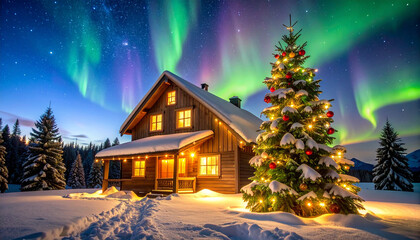 Cozy wooden cabin decorated for Christmas with snow reindeer and northern lights