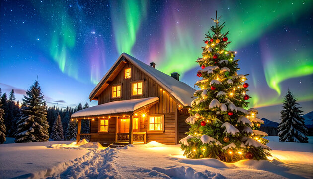 Cozy wooden cabin decorated for Christmas with snow reindeer and northern lights