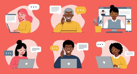 Diverse people engaging in online communication via laptops and smartphones