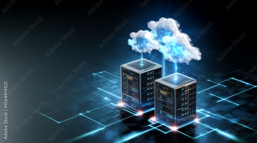 Poster digital illustration depicting cloud computing with servers and floating data cloud