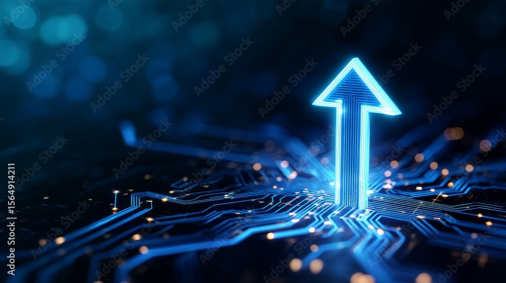 Fototapete Glowing Blue Lines Forming Upward Arrow in Abstract Digital Design with Circuit Pattern