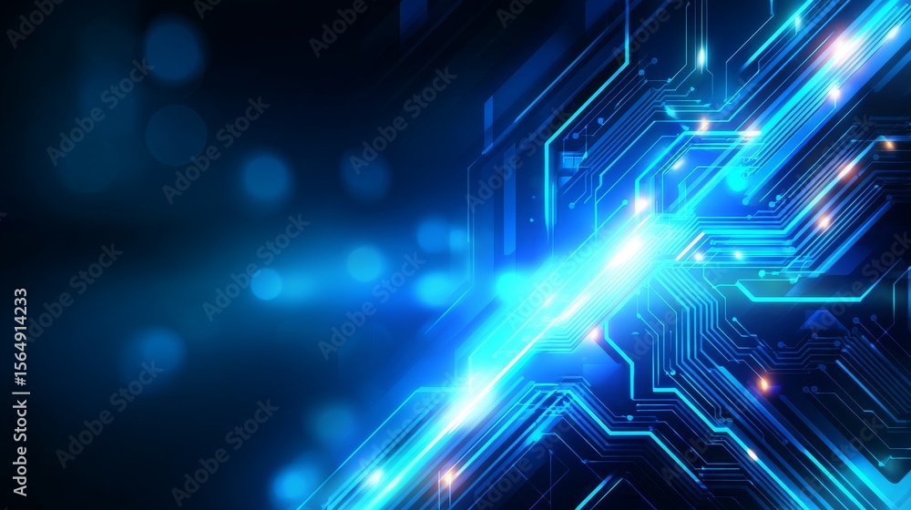 Poster blue glowing circuit background with geometric lines and digital elements for technology designs