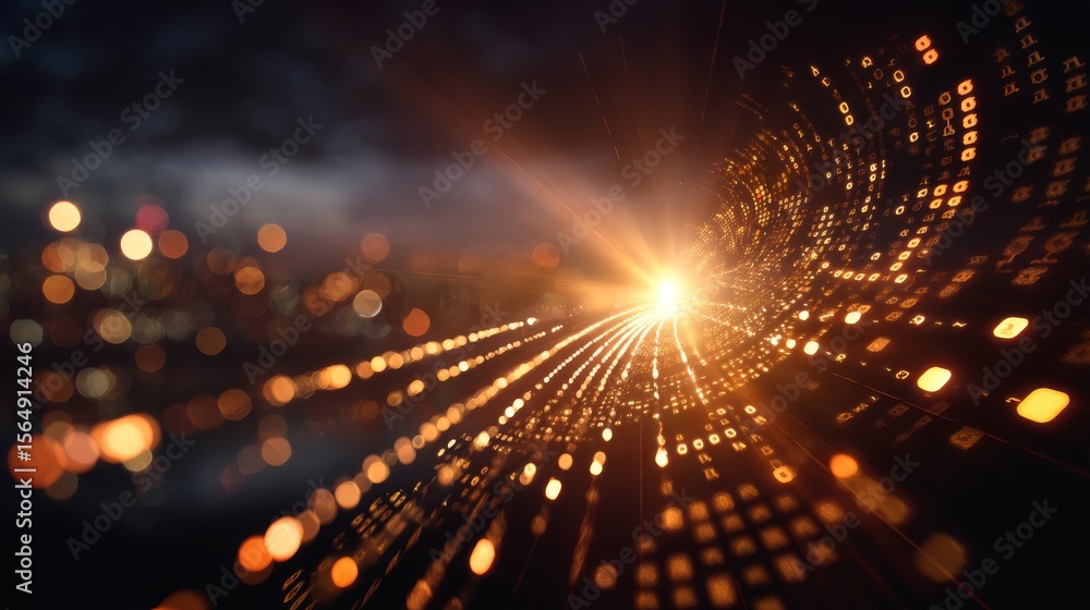 Poster cinematic shot of a glowing array of digital symbols creating a dynamic light display