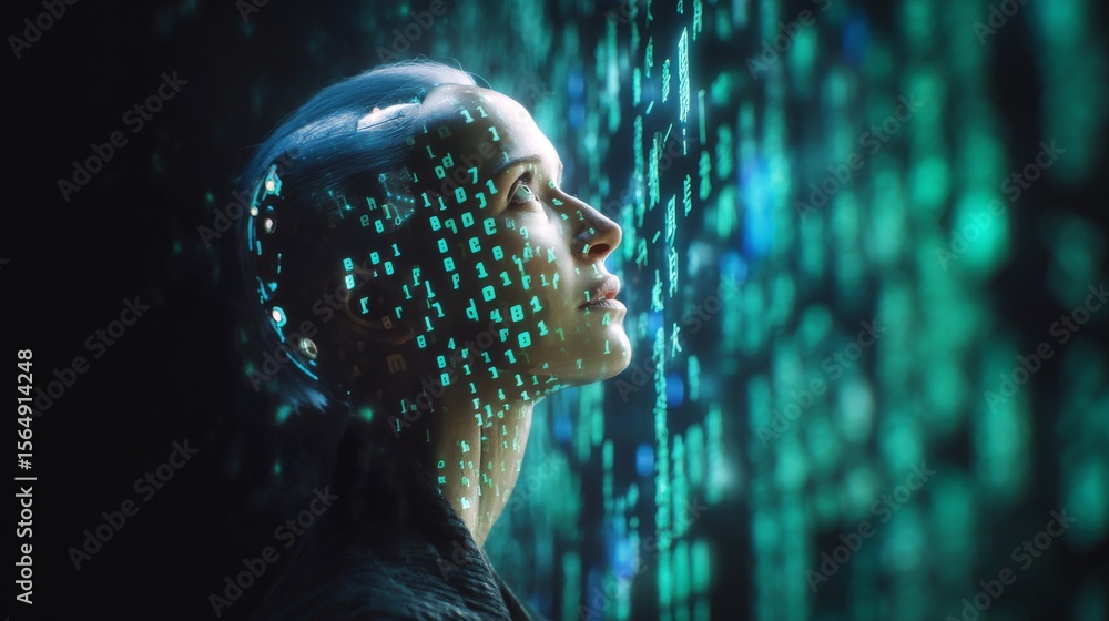 Poster cinematic shot of artificial intelligence interface with codes and digital patterns in dark backgrou