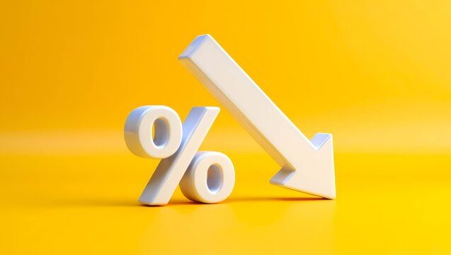 White percentage symbol with downward arrow on yellow background, showcasing declining percentage.