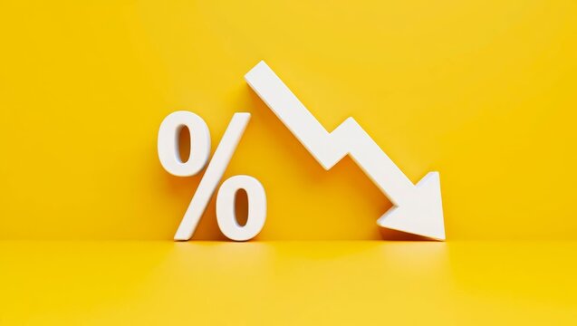 White percentage symbol with downward arrow on yellow background, showcasing declining percentage.