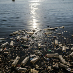 Plastic pollution impacts river ecosystem with litter scattered on water surface during daylight...