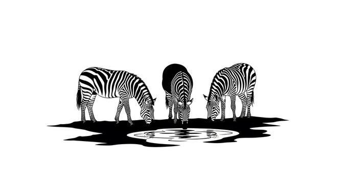 Zebra Trio at Watering Hole: Elegant Black and White Wildlife Scene, A Study in Stripes: Zebras Quench Their Thirst in a Minimalist African Landscape